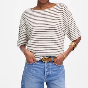 Madewell Embroidered Boxy Knit Short Sleeve Tee Women Size XL Cream Stripe NEW